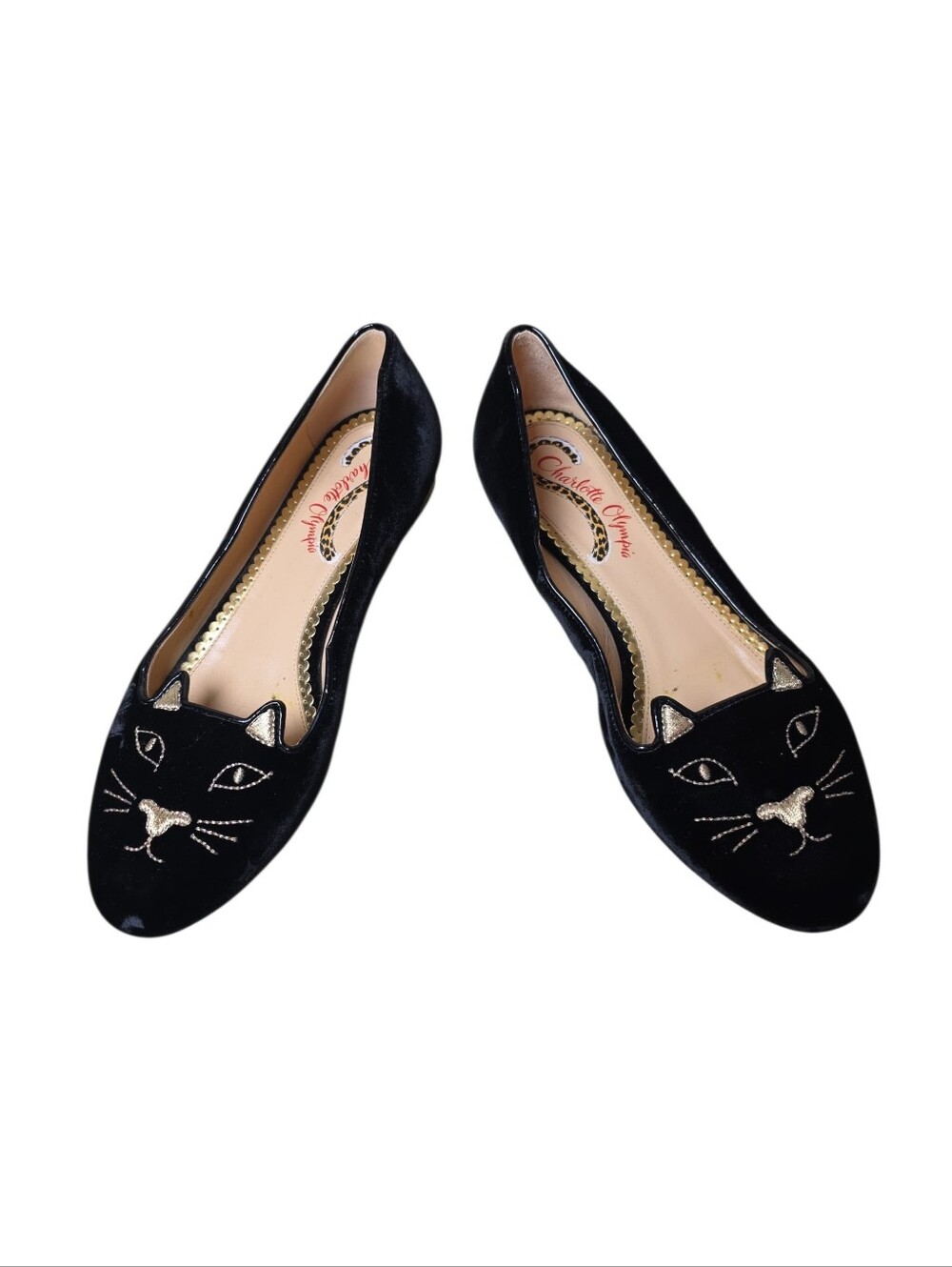 Charlotte Olympia Black Velvet Kitty Face Flats with Gold Embroidery